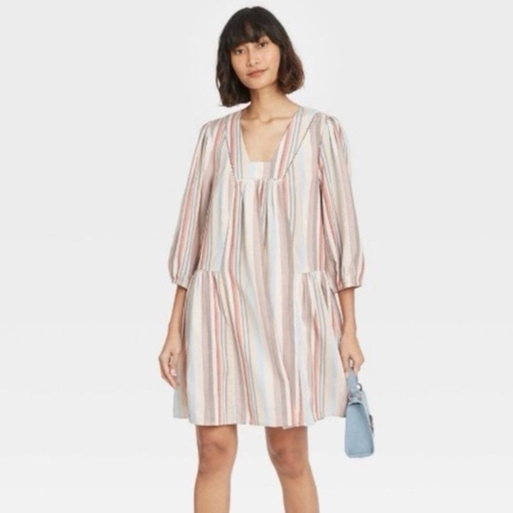 KNOX ROSE Striped Linen-blend Shift Dress, Size M, EUC